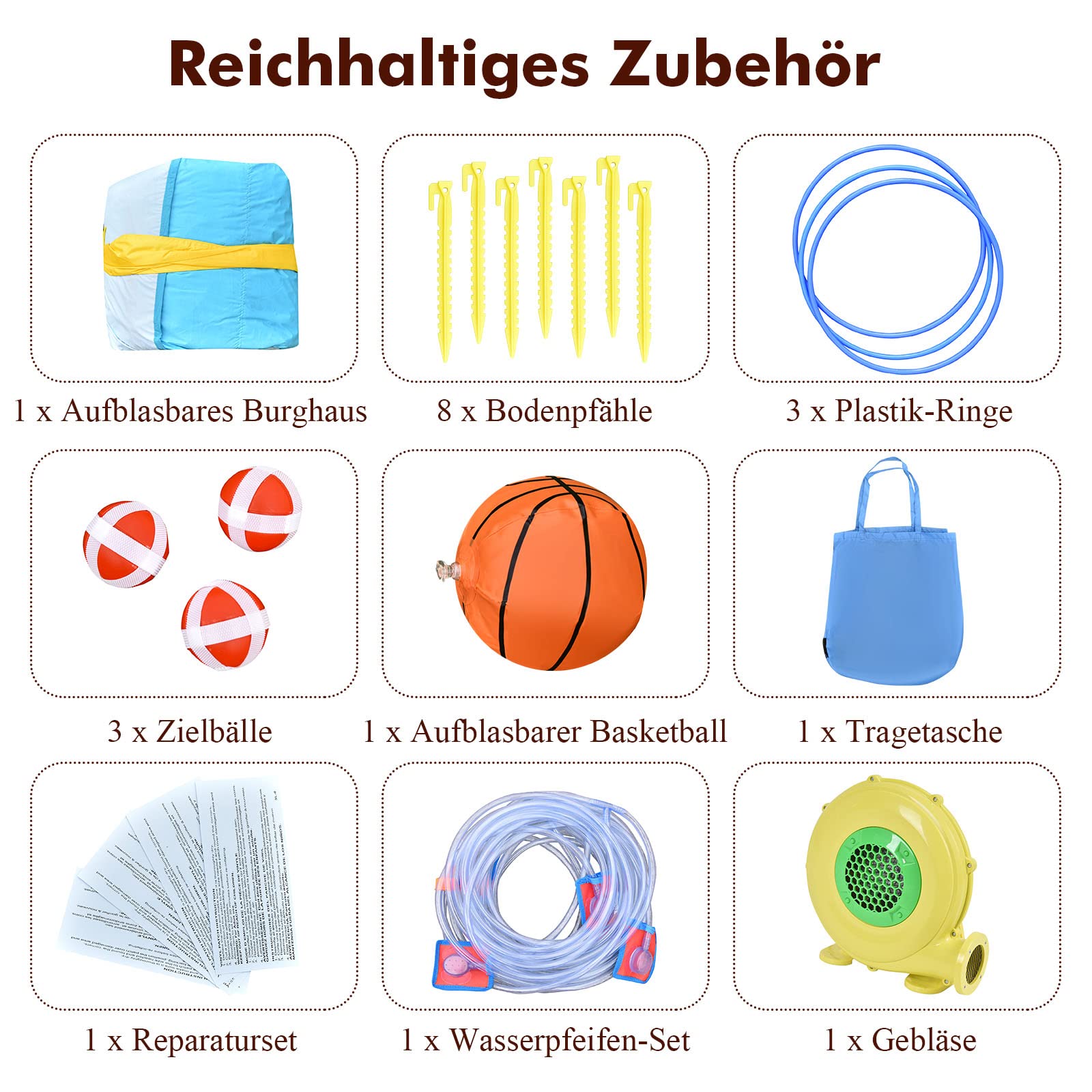 COSTWAY Hüpfburg mit 680W Gebläse, Wasserrutsche, Kletterwand, Basketballkorb, Ringwurfspiel, Wasserpark für draußen, inkl. aufblasbarem Basketball, Tragetasche & Reparaturset