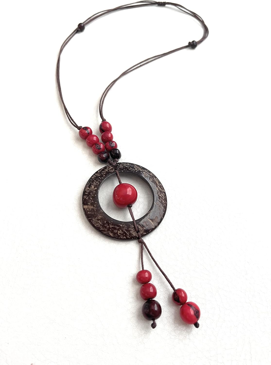 Tagua nut and coconut pendant necklace in red, Brown, organic tagua nut jewelry TAG734R, adjustable Necklace