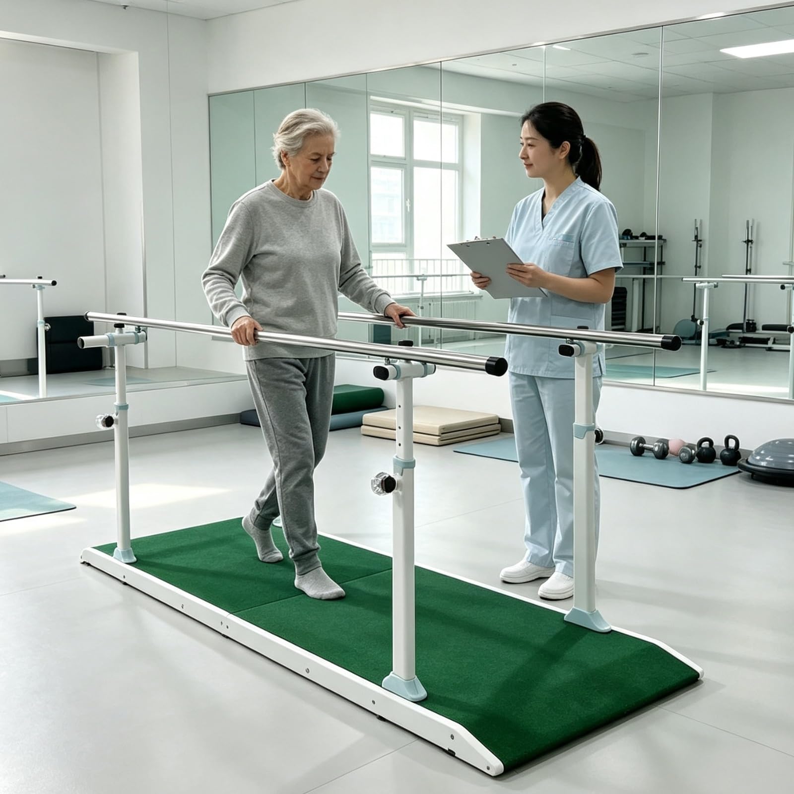 Parallele per fisioterapia, altezza e larghezza regolabili | carico di 300 kg, acciaio ad alta resistenza, tappetino antiscivolo impermeabile, ringhiera