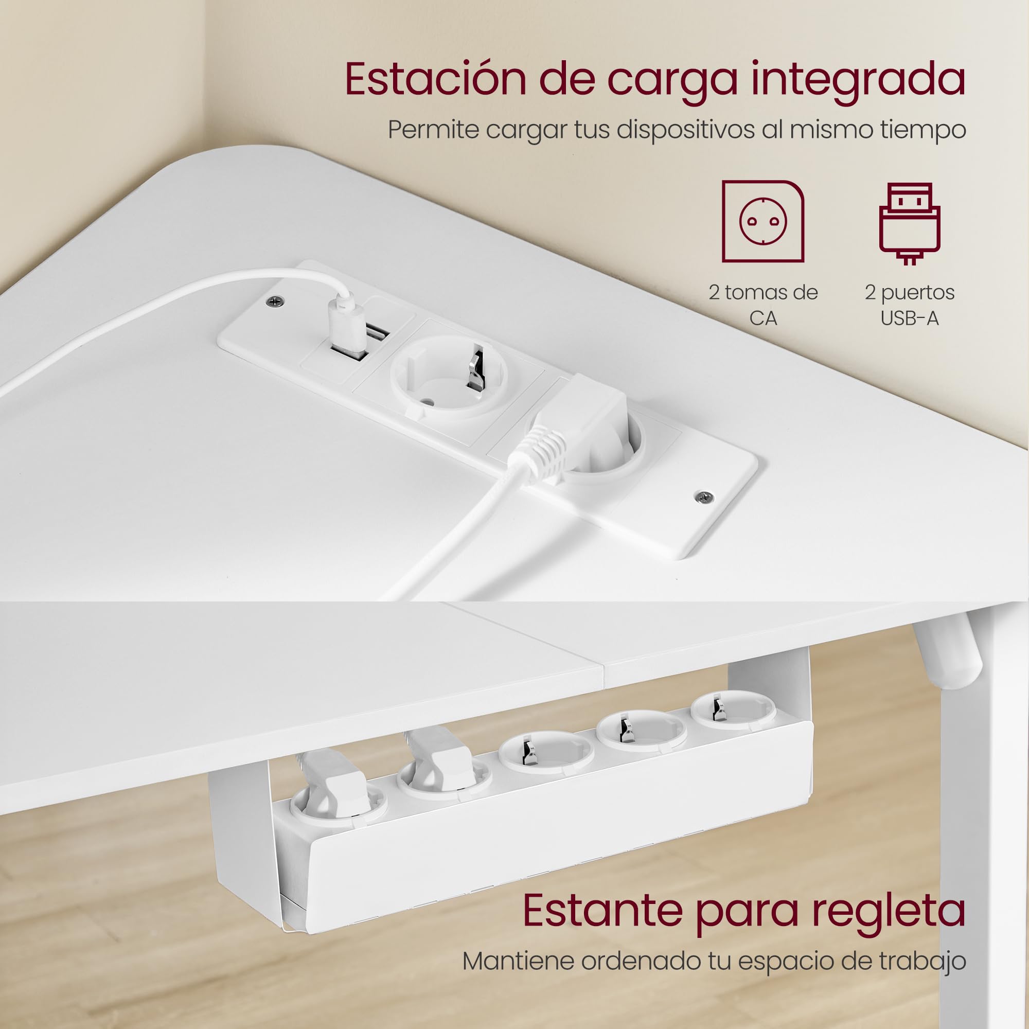 VASAGLE Escritorio Eléctrico Regulable en Altura, Escritorio en Forma de L, 140 x 160 cm, con Estación de Carga, Función de 2 Memorias, para Oficina Casa, Blanco Nube y Blanco Mate LSD264W01