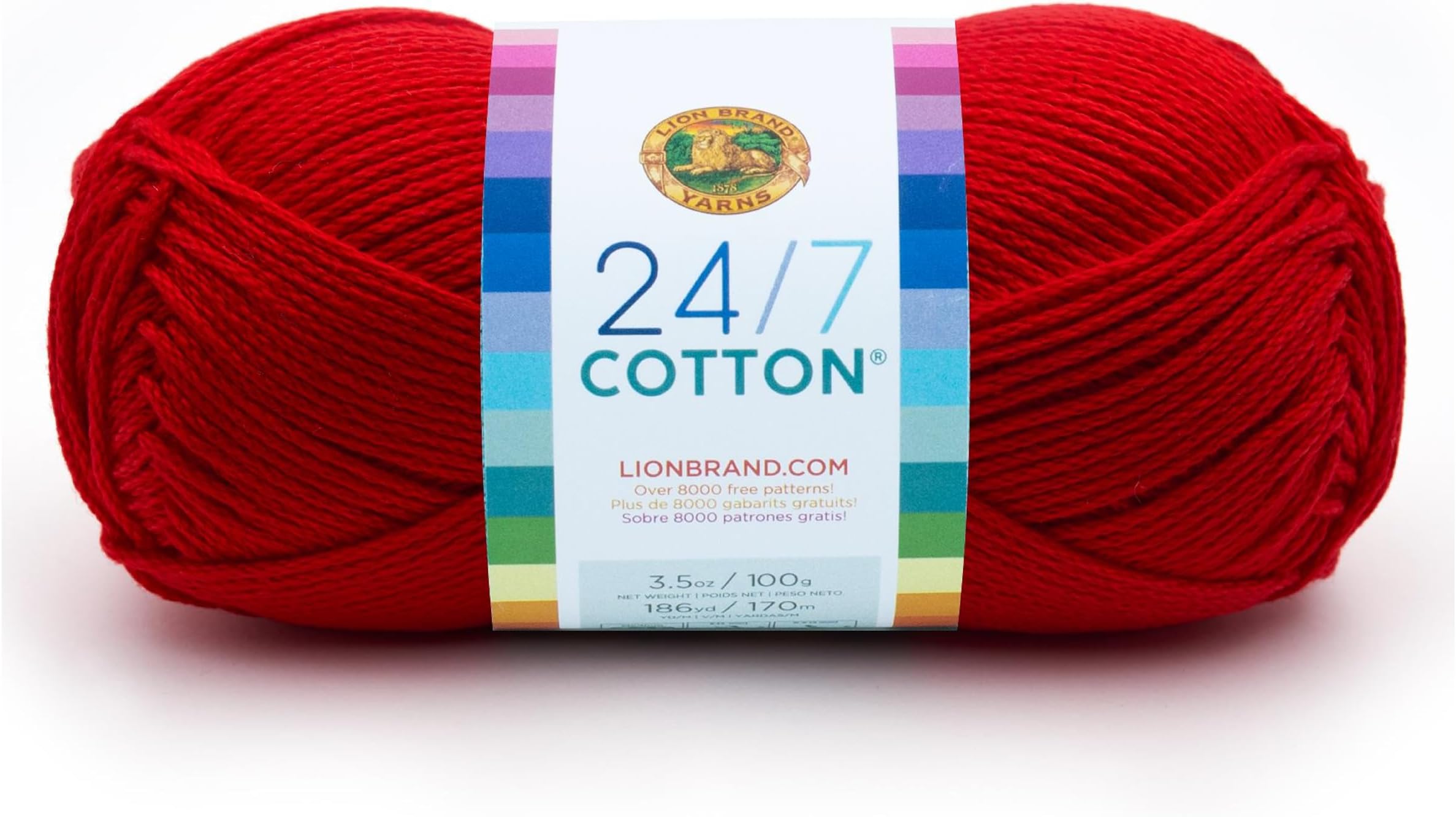 Lion Brand Yarn, 24/7 Cotton Mercerized Lightweight Yarn for Knitting, Crochet, and Crafts, Red, 1 Pack, 185 Yards of Natural Fiber for Breathable Tops, Durable Bags, and Easy-Care Dish Cloths