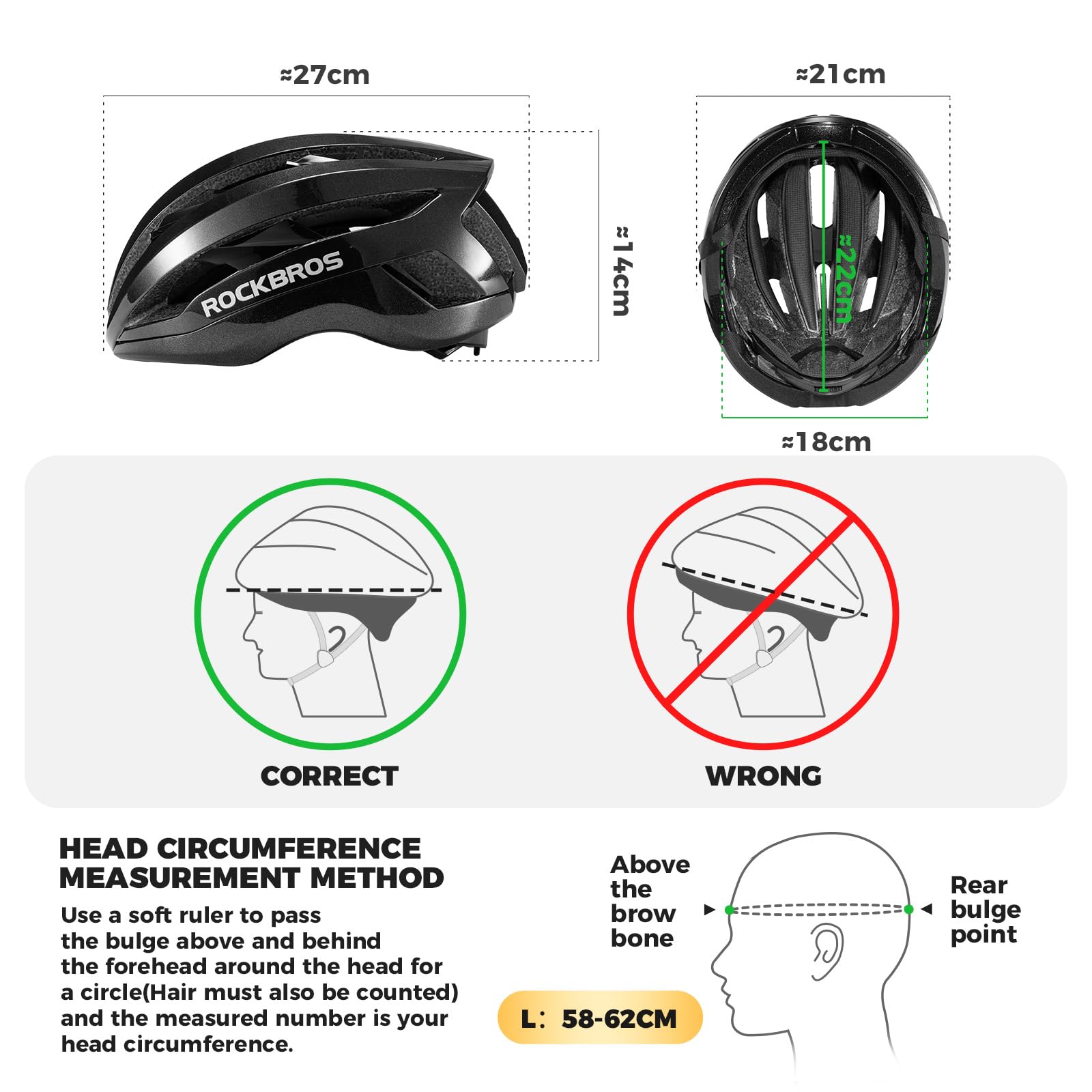 ROCKBROS Casco da Bicicletta Uomo Donna Ventilazione e Traspirante Leggero | Protezione di Sicurezza, Chiusura Magnetica, Fodera Rimovibile, Casco Bici per MTB Ciclismo, Regolabile 58-62 cm