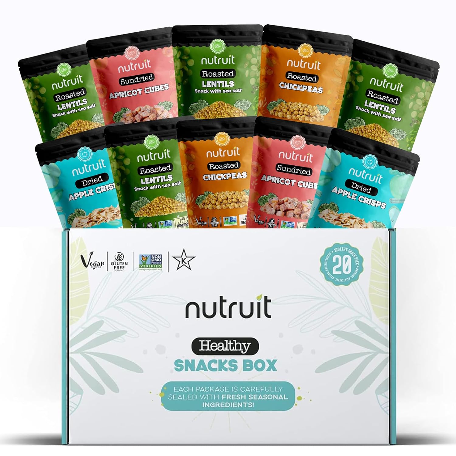 Nutruit Gourmet Healthy Snacks - 20 Pack MINI Variety Box - Vegan, Gluten Free, Non-GMO Bulk Snacks with No Added Sugar - Kosher, High Protein, High Fiber, Plant-Based Healthy Snack - 1.2oz Packs