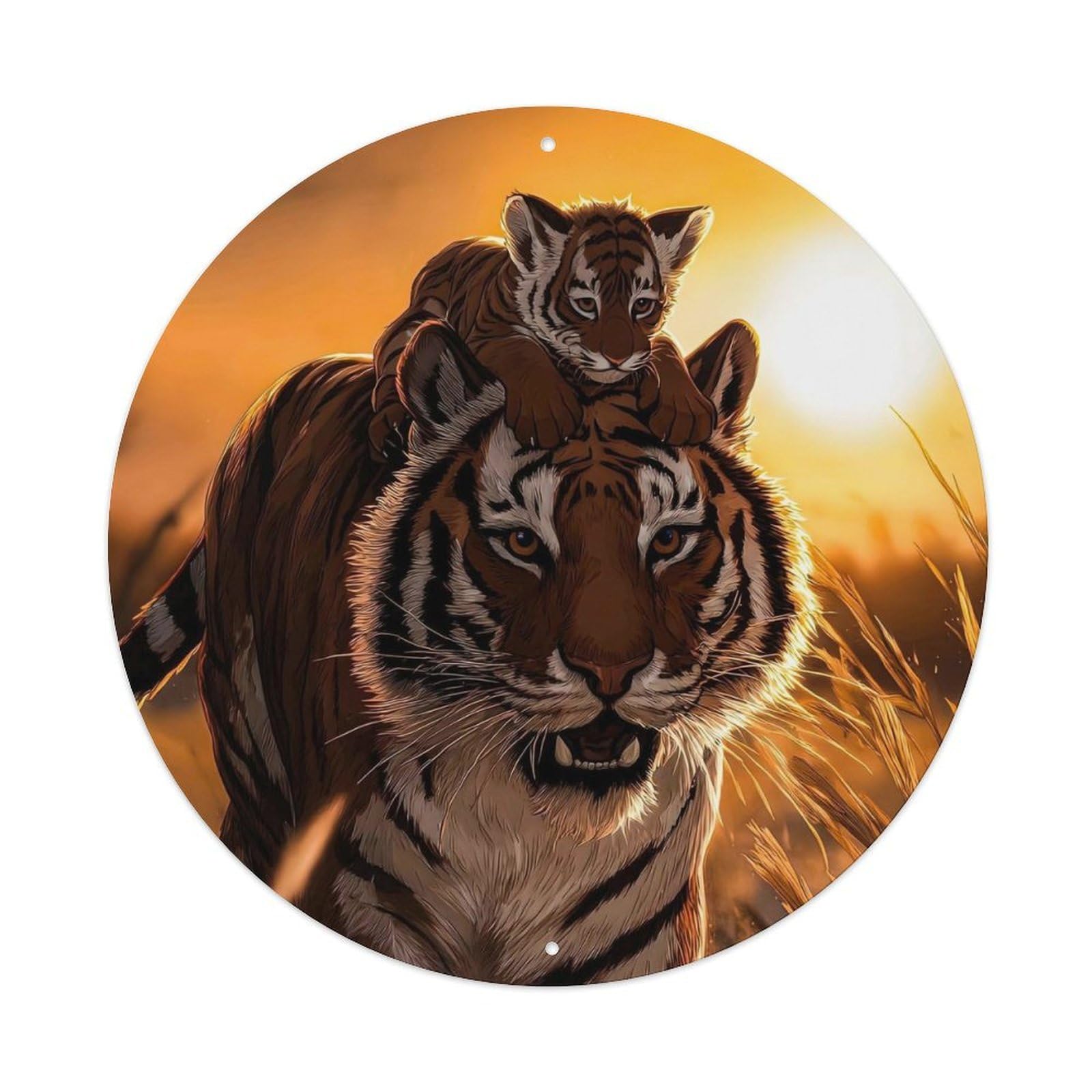 Cwbufd Vintage Style Animal Bengal Tiger Sunset Wildlife Mother Cub Bonding Vintage Metal Tin Sign Plaque Wall Decor For Cafe, Club Bar, Office, Garden Metal Poster 8X8inch