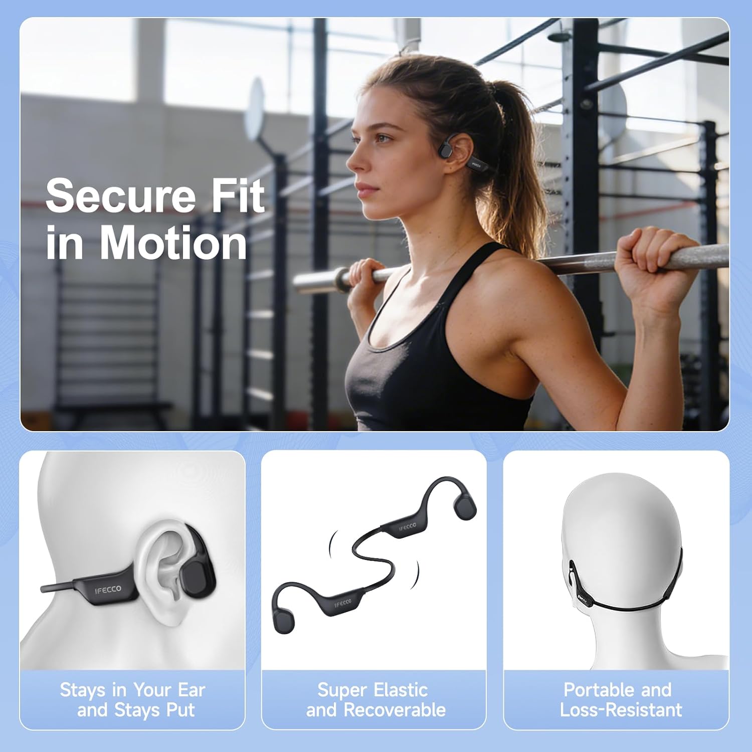 IFECCO Bone Conduction Headphones Bluetooth 6.0 - IP67 Waterproof Bone Conduction Headphones with Mic,Wireless Open Ear Earbuds for Running Gym Walking Cycling (Black) - Image 7