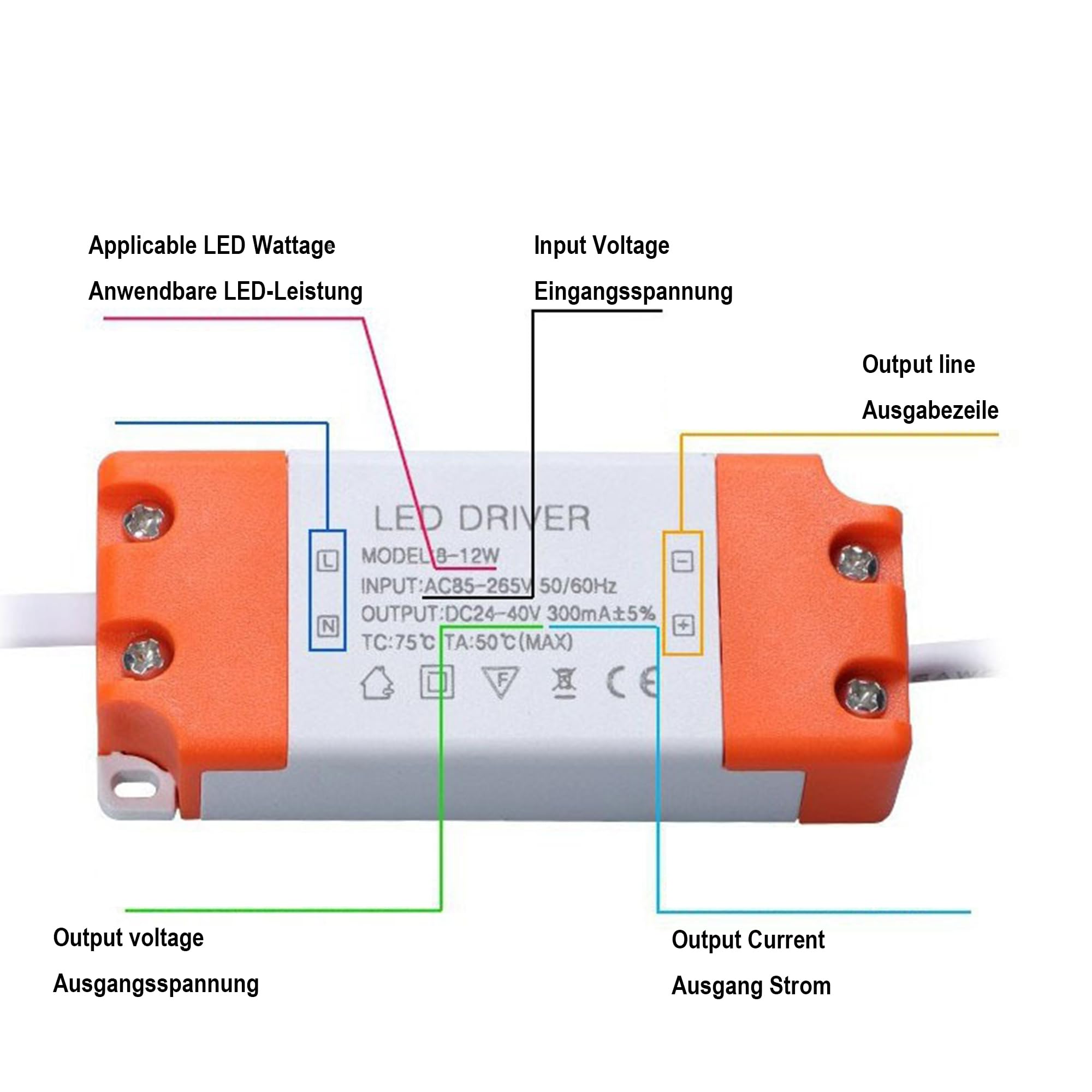 Trasformatore LED 8 – 12 W, trasformatore LED da 230 V a 24 – 46 VDC, alimentatore di rete per strisce luminose LED, faretti LED, confezione da 6