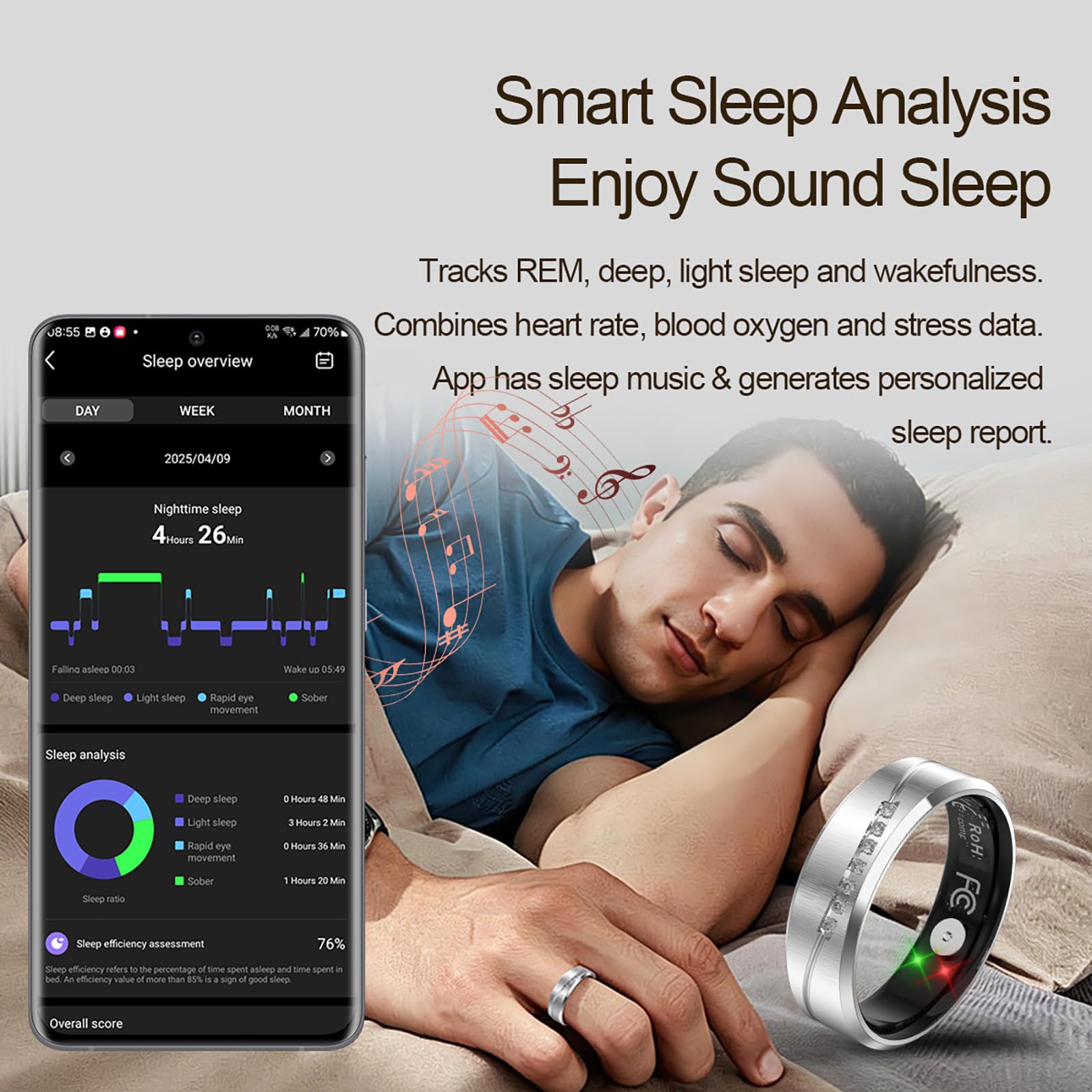 Smart Ring Benachrichtigungen Fitness Ring Damen Herren Silber Größe 9 | Benachrichtigung Herzfrequenz HRV Stress Schlaftracker Schrittzähler IP68 Wasserdicht Smartringe für Damen Herren Android iOS