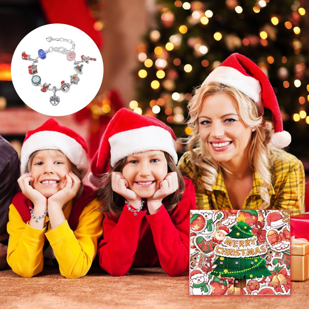 Calendario dell'avvento con braccialetti natalizi per ragazze, 24 giorni, conto alla rovescia di Natale, kit per la creazione di gioielli fai da te, 22 perline e 2 braccialetti per bambini