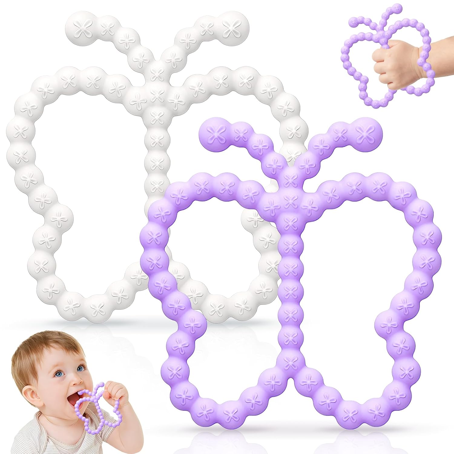 2 Pack Baby Teether Toys for 0-6 6-12 Months, BPA-Free Silicone Infant Butterfly Teething Ring Toys 3-6 Months, Newborn Sensory Chew Toys for Teething Relief, Baby Shower Gifts