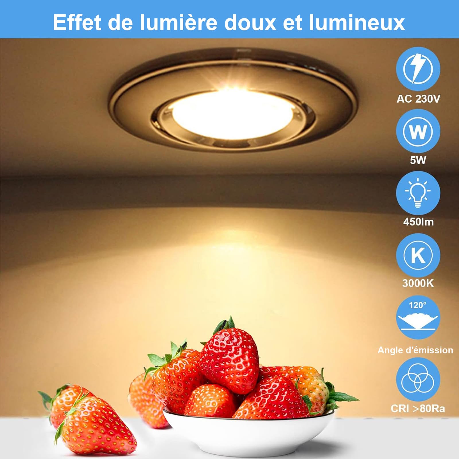 HiBay Spot LED Encastrable GU10,10x 5W Blanc Chaud 3000K Orientable 30°,Éclairage encastré Inox Trou 68mm 220V,Avec 4 Cadre Spot encastrable,Ampoules douille gu10