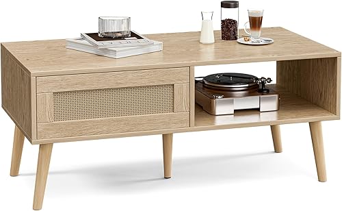 Miniatura 6 de Mesa de café de madera con almacenamiento, mesa de comedor bohemia con panel de puerta deslizante de ratán y patas de madera maciza, mesas de café