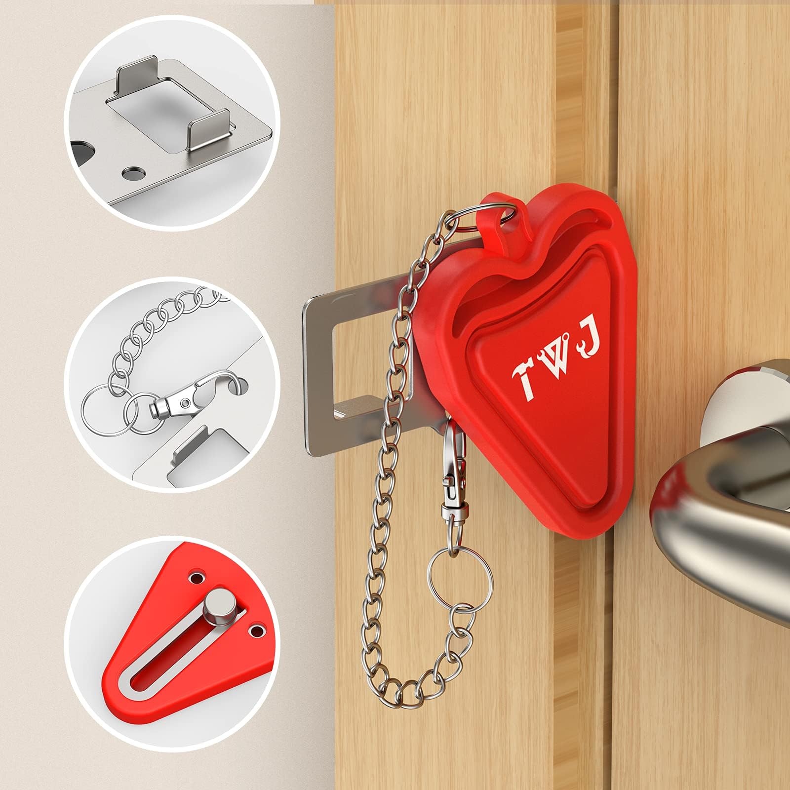 Security Portable Door Lock Latch, TWJ Upgrade 2 Holes Removable Door Latch Lock for Travel Safety and Personal Protection - No Drill Manual Lock Door Jammer Home Hotel Room Devices for Add Security