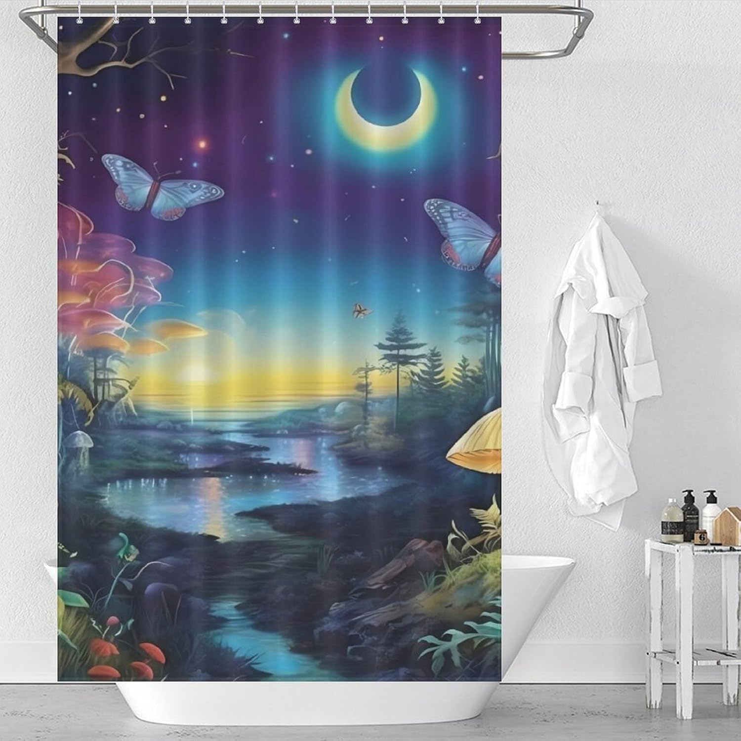 Fantastic Forests Moon Mushroom Funny Shower Curtains Washable Bath Curtain Liner with Hooks for Bathroom Bath Tubs