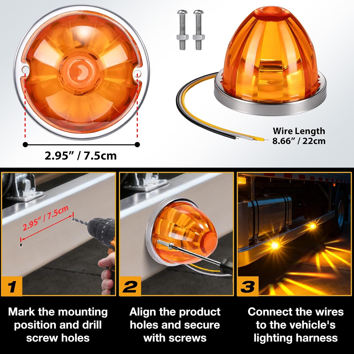 2PCS Watermelon LED Marker Lights, Amber LED Side Marker Lights with Strobe & Constant Dual-Function, Watermelon-Shaped Stop Turn Signal Clearance Light Set for Kenworth Peterbilt Semi Truck Trailer