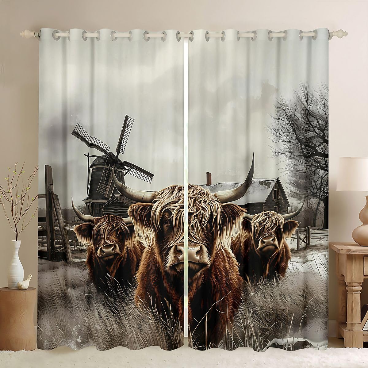 Feelyou Western Highland Cow Curtains for Bedroom Living Room Rustic Farmhouse Animal Blackout Darkening Drapes Funny Country Theme Window Treatments, 2 Panels 38 x 45 Inch Room Decor