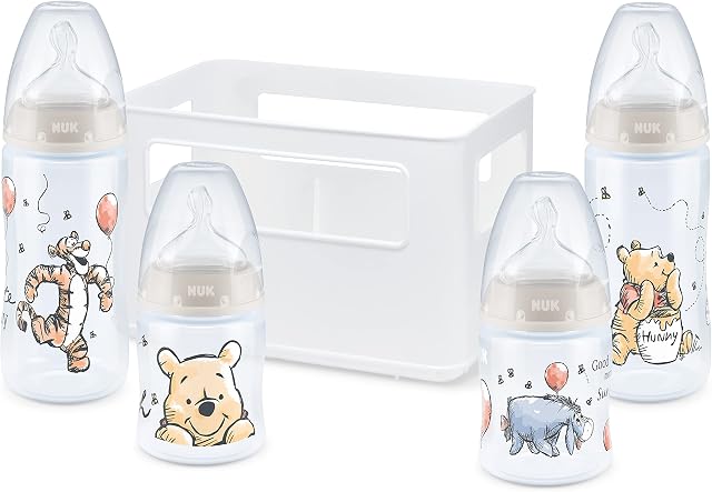 NUK First Choice+ Zestaw początkowy butelek dla niemowląt | 06 miesięcy | 4 butelki ze wskaźnikiem kontroli temperatury i skrzynka na butelki | Otwór antykolkowy | Bez BPA | Kubuś Puchatek, Disney