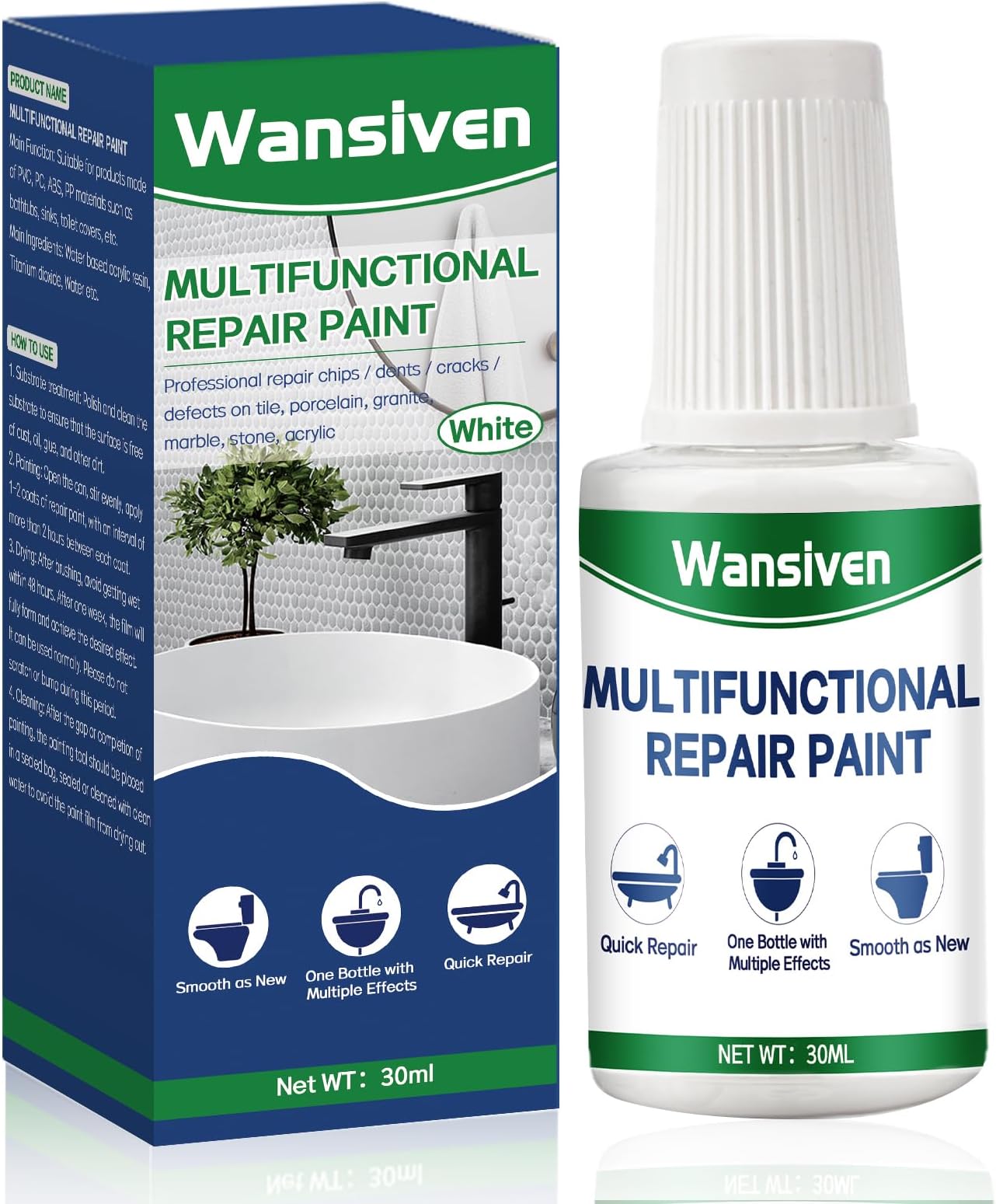 Bathtub Repair Paint White 30ml, Tile and Enamel Touch Up Coating Specialized in Repairing Small Defects, Scratches and Cracks in Bathtubs and Sink Ceramics