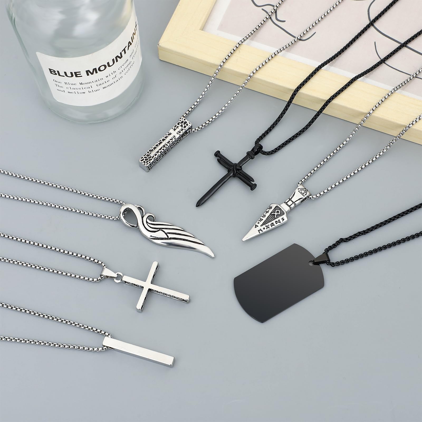 NEWITIN 12 Pieces Stainless Steel Necklaces for Men Hypoallergenic Necklace Unisex Punk Necklace Amulet Pendant Nail Cross Viking Necklaces for Men Women