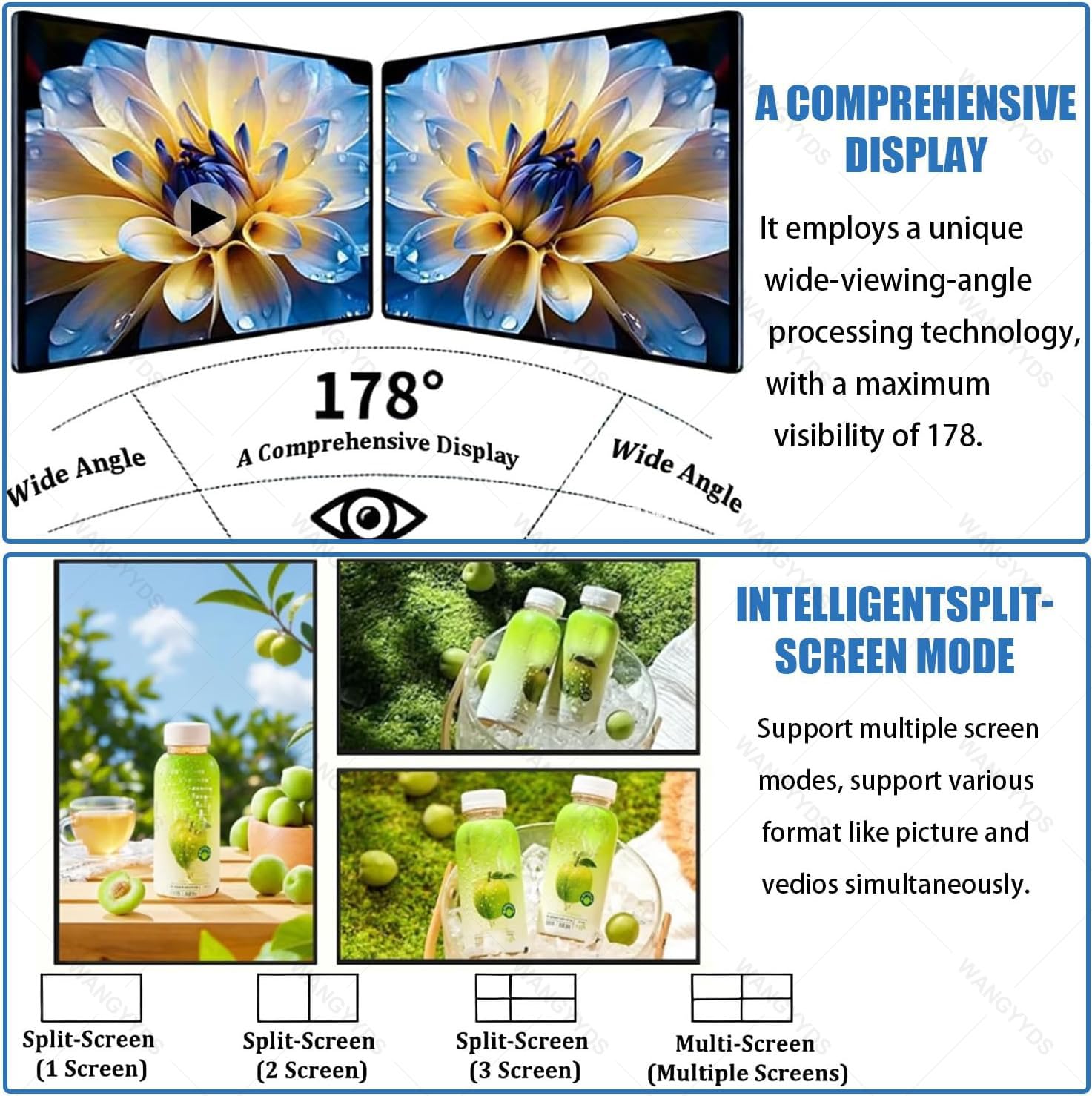 Display digitale per segnaletica Android per scheda menù, telecomando, schermo diviso, montaggio a parete