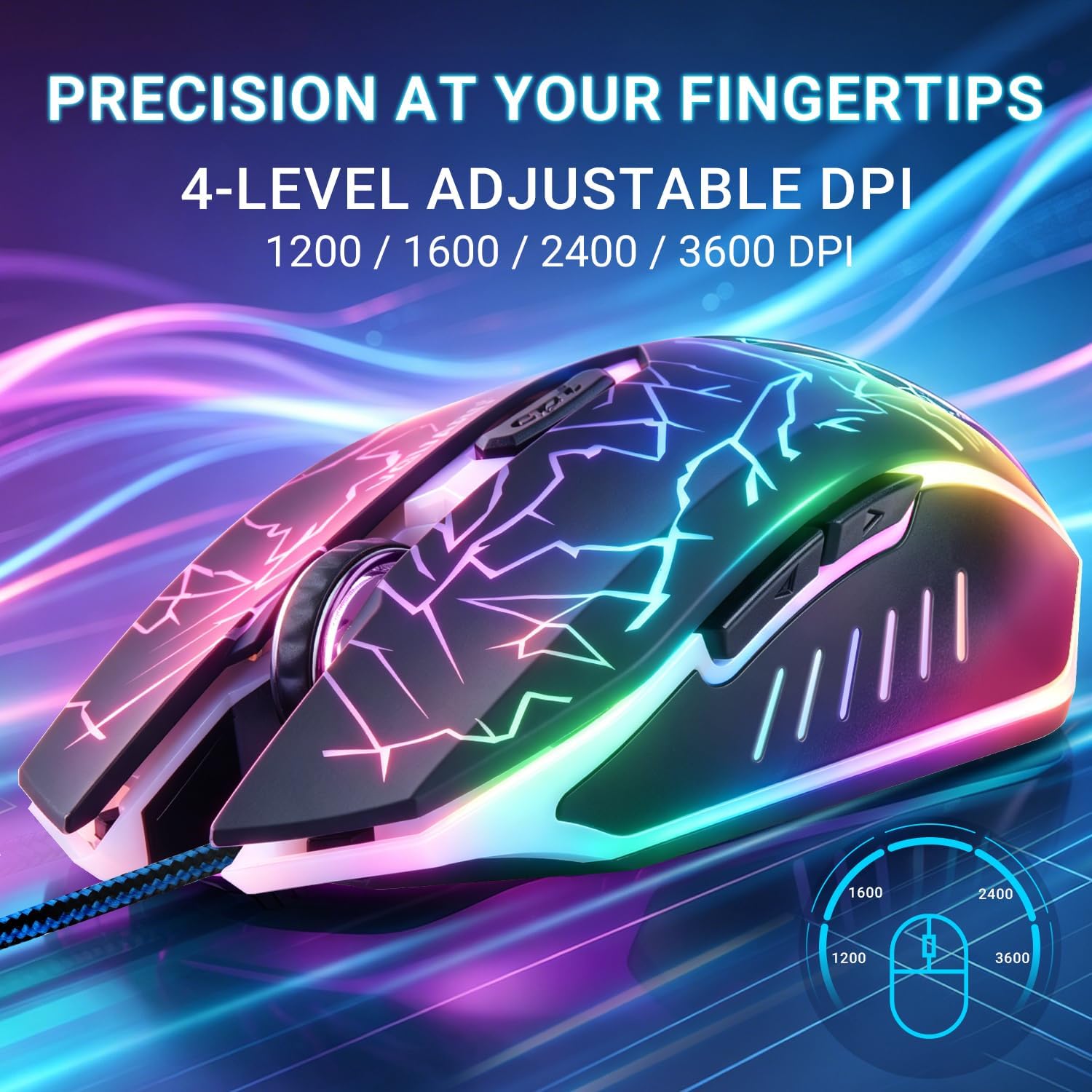VGUARD Ratón Gaming con Cable, 4 dpi Ajustables hasta 2400, Gaming Mouse Óptico, Ratón Ergonómico Óptico RGB con 6 Botones y LED 7 Colores para PC, Portátil. (Versión Mejorada) – Negro 3