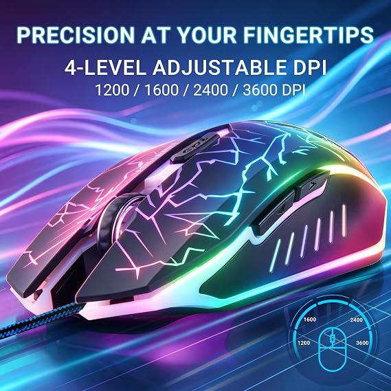 VGUARD Wired Gaming Mouse, 3600 DPI Optical Sensor, RGB Backlit Ergonomic USB PC Mice with 6 Programmable Buttons, 7 Colors LED, Professional Gamer Mouse for Laptop, Computer, Windows/Mac