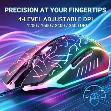 VGUARD Wired Gaming Mouse, 3600 DPI Optical Sensor, RGB Backlit Ergonomic USB PC Mice with 6 Programmable Buttons, 7 Colors LED, Professional Gamer Mouse for Laptop, Computer, Windows/Mac