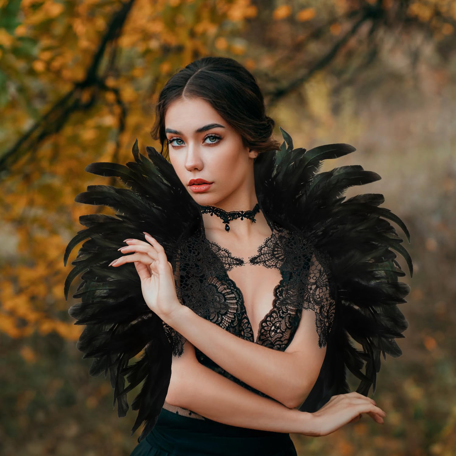 Scialle Gotico In Piume Nere – Mantellina Vittoriana Per Halloween, Carnevale E Cosplay, Con Coulisse Regolabile