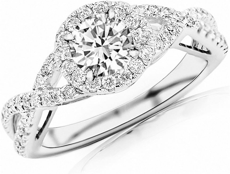 Houston Diamond District 2.09 Carat t.w. Round Shape/Center Silver Twisting Split Shank Eternity Love Halo Style CZ Engagement Ring