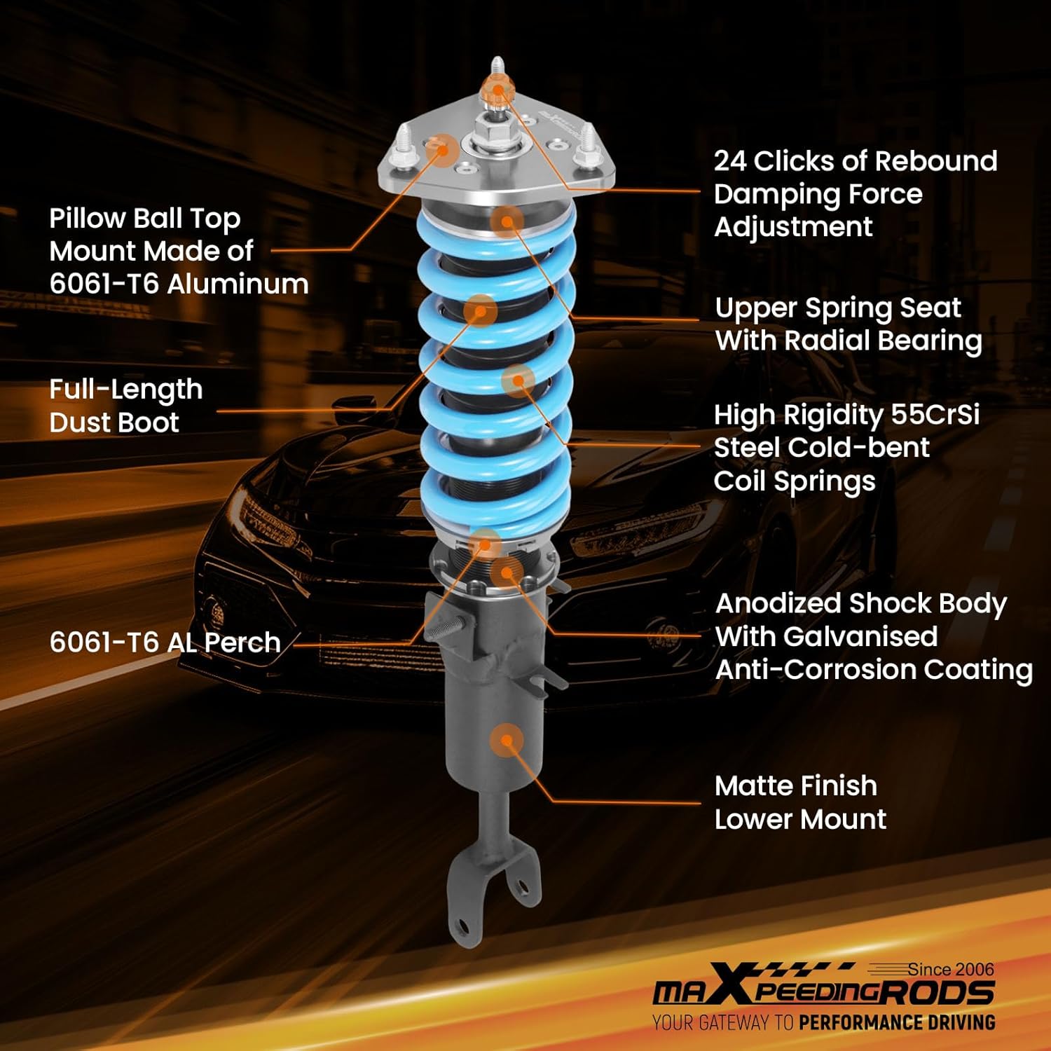 maXpeedingrods Coilover for Nissan 350Z RWD 2003-2008, for Infiniti G35 RWD 2003-2007, 24 Levels Damper Adjustable Coilovers Suspension Kit Strut, Height Adjustable Lowering Kits T6 Upgraded Blue