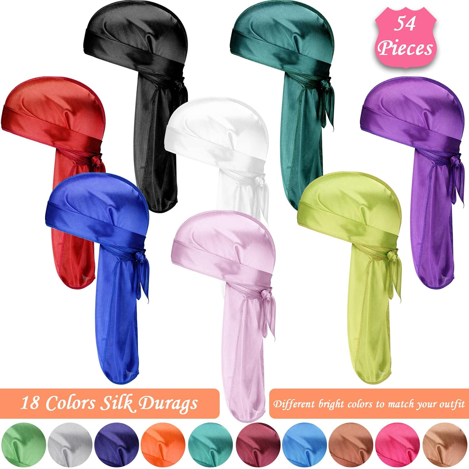 Tarpop 54 Pieces Silk Durags for Men Women 18 Colors Wide Strap Satin Durag Cap for 360 Waves Breathable Doo Rags for Hair Waves Fitness Cycling Hiking Camping Running Colorful