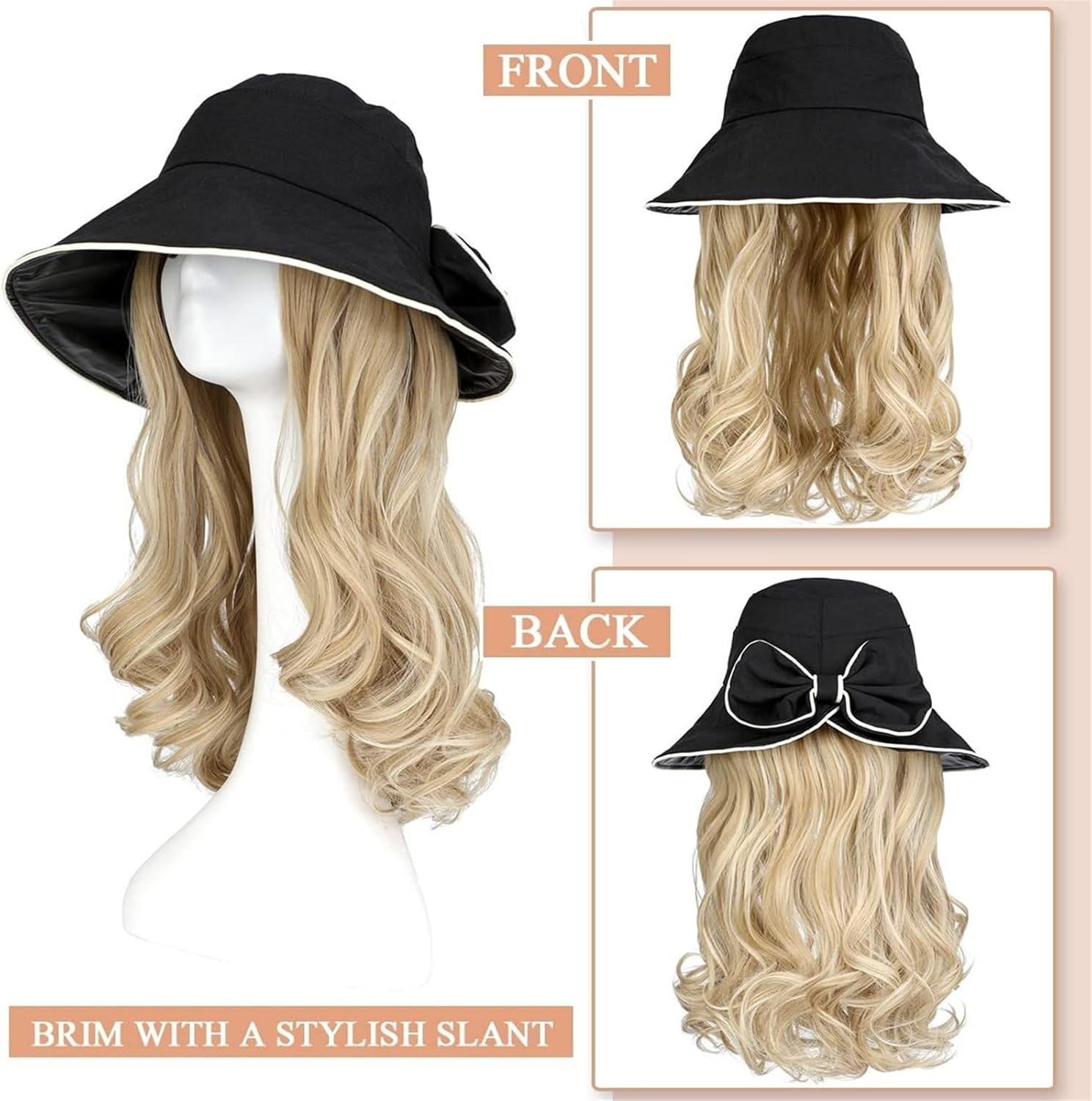 Wig Cap Sun Hat Wig 18 Inch Wavy Curly Synthetic Wigs Natural Hat with Hair Wig Attached Hair Extension Cap with Hair Hair Extension Cap(2)