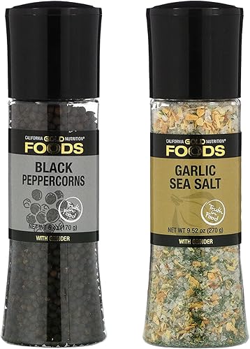 California Gold Nutrition Juego de 2 molinillos de sal marina de ajo y pimienta negra, paquete de sal California Gold Nutrition Juego de 2 molinillos de sal marina de ajo y pimienta negra, paquete de sal
