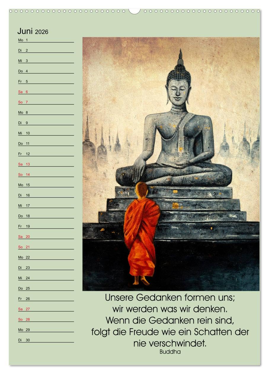 Lebensfreude Buddha (hochwertiger Premium Wandkalender 2026 DIN A2 hoch), Kunstdruck in Hochglanz: Zitate Ratschläge und Weisheiten zur Lebenshilfe im ... im Haushalt. (CALVENDO Menschen)