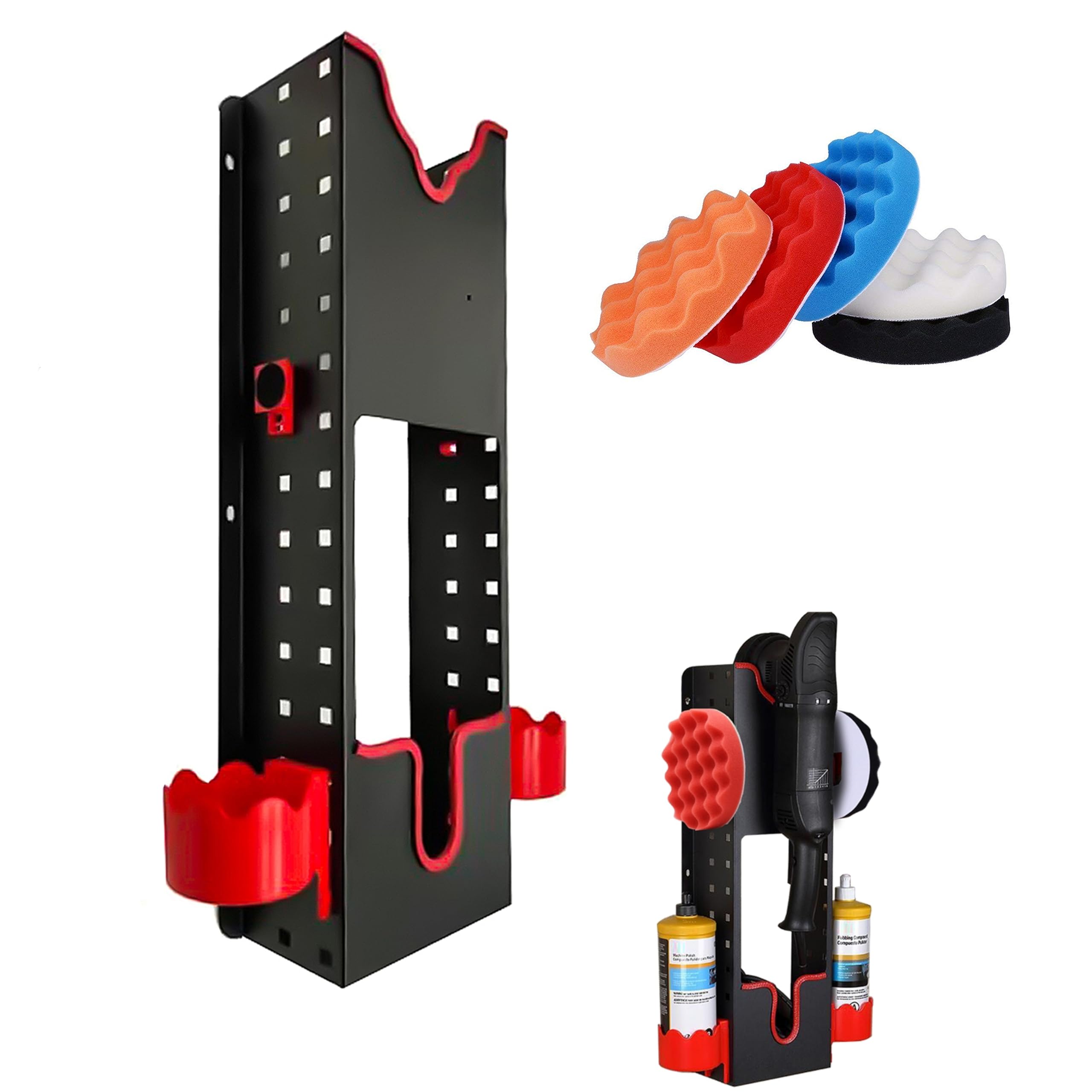 Polisher Holder Wall Mount Double Station Polisher Rack with 5PCS Buffing Polishing Pads Car Buffer Rotary Polisher Auto Detailing Organizer Storage Rack for Angle Grinder, Cutting Machine