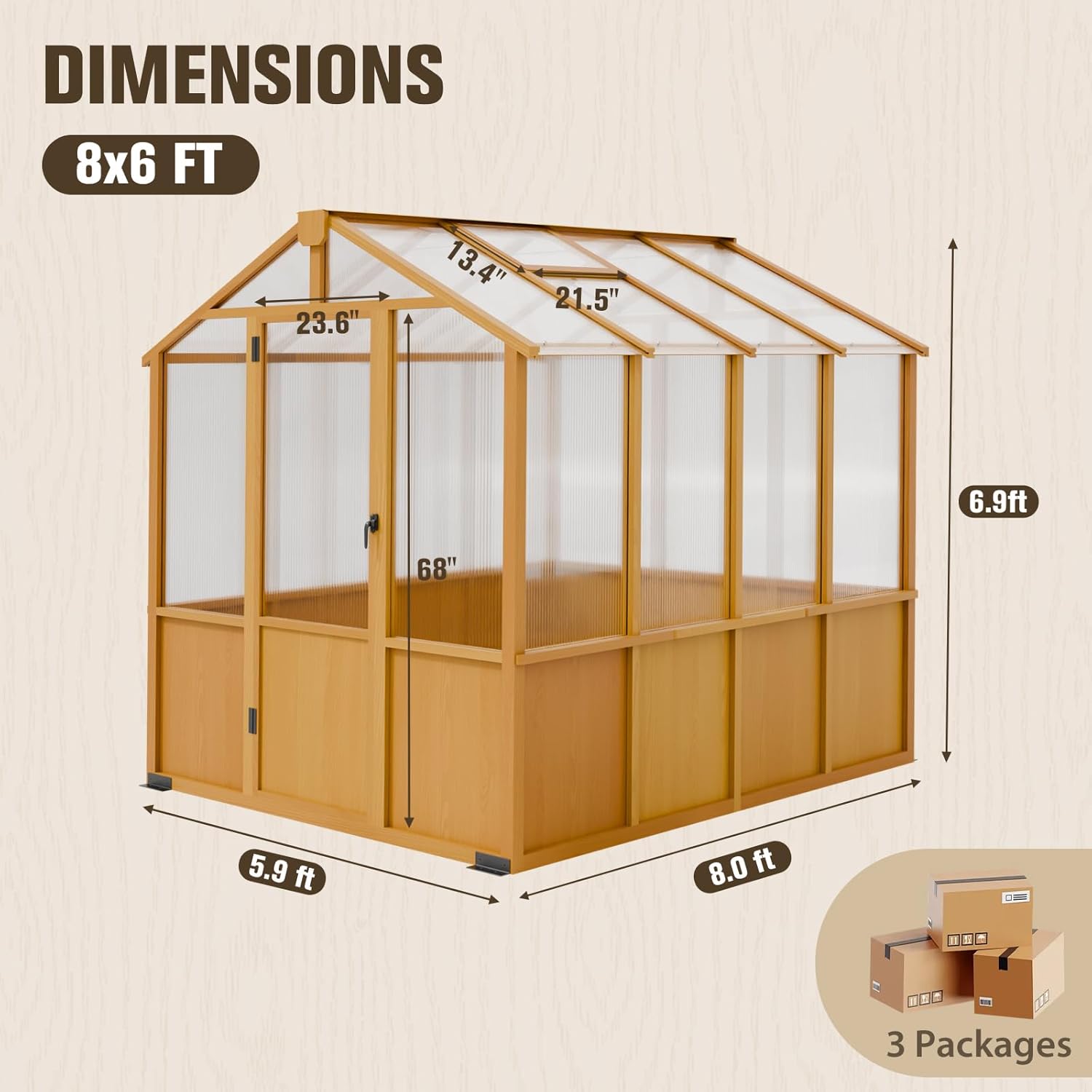 COOS BAY 6x8ft Cedar Wood Greenhouse with Roof Vents, Outdoor Greenhouse Kit, Weather Resistant Plant Garden House, Natural Cedar