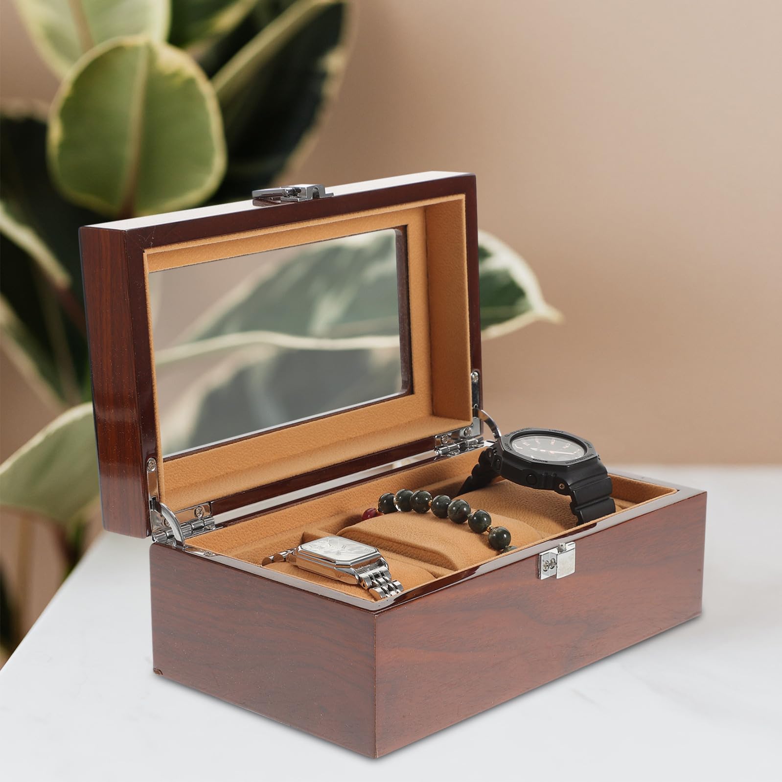 TEHAUX Scatola Portaorologi in Legno Laccato Scomparti con Serratura Organizer Orologi e Gioielli Raffinata con Trasparente Custodia di Qualità per Esposizione e Regalo