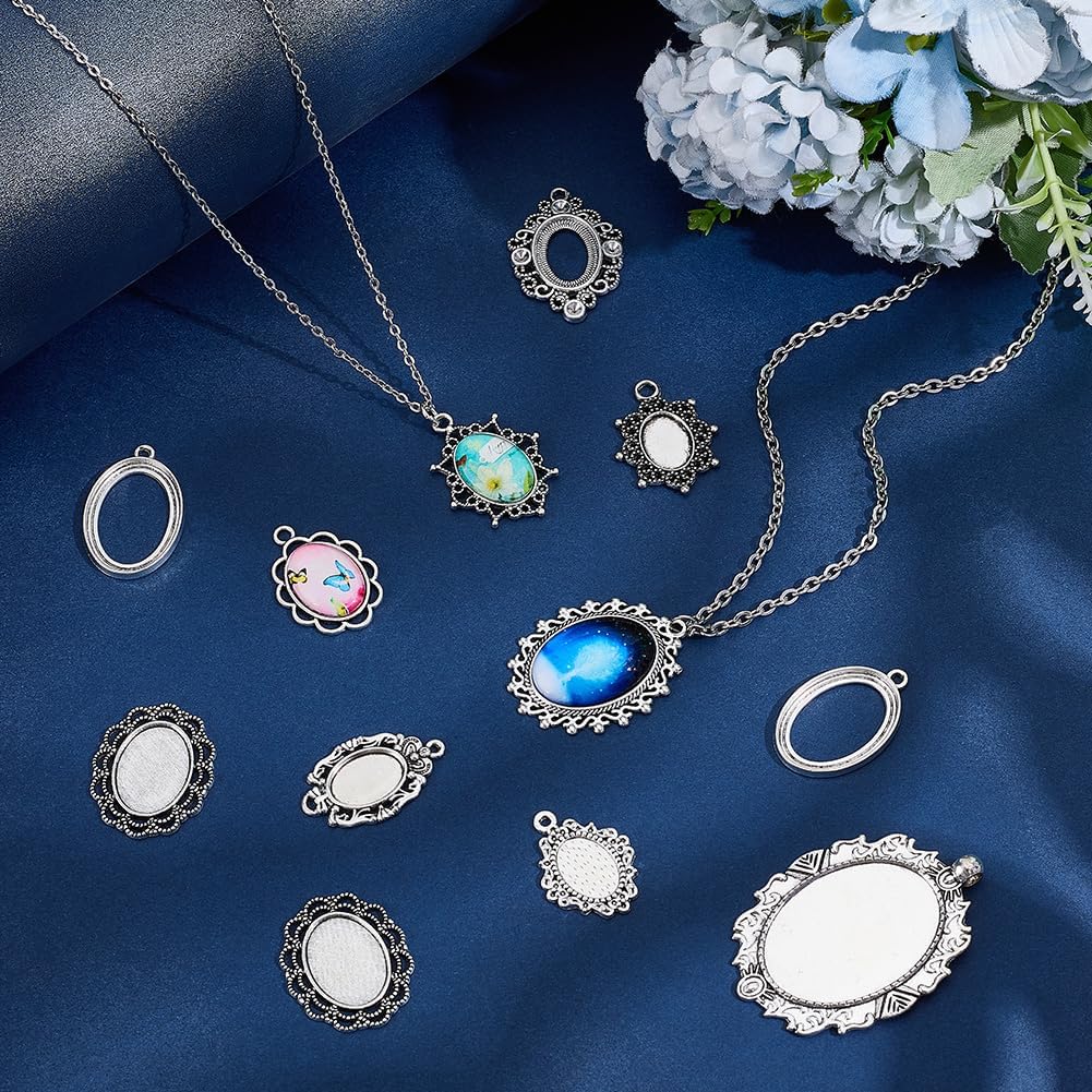 SUNNYCLUE 1 Box About 100G Silver Bezel Pendant Bezel Pendant Blanks Tibetan Alloy Oval Base Cabochon Trays Settings Cameo Pattern Dangle Pendants for DIY Craft Photo Jewelry Making Bouquet Necklace image 4