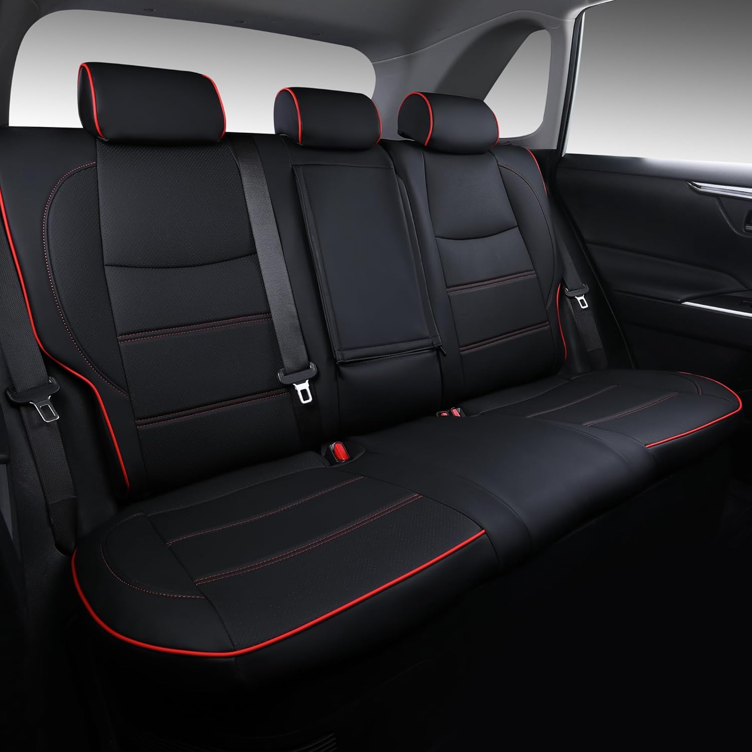 Compatible with Toyota RAV4 Seat Covers Waterproof Faux Leather Car Seat Covers Full Set for Totota RAV4 2025 2024 2023 2022 2021 2020 2019 (Black+Red Line)