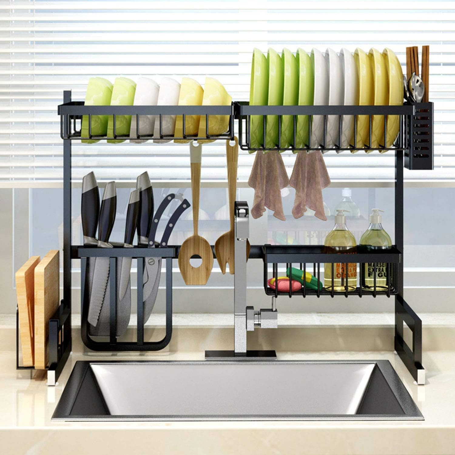 Escurridor de platos de acero inoxidable de 2 niveles con cuenco y soporte para palillos, cesta de drenaje para fregadero de cocina que ahorra espacio para un fácil secado y nización, duradero y