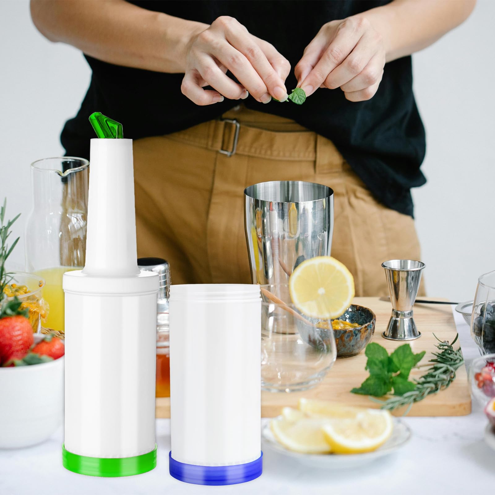 6 bottiglie in plastica per succo di frutta, con beccuccio in acciaio inox, dispenser per succhi da 963,9 g, contenitori per bar, casa, barista e feste