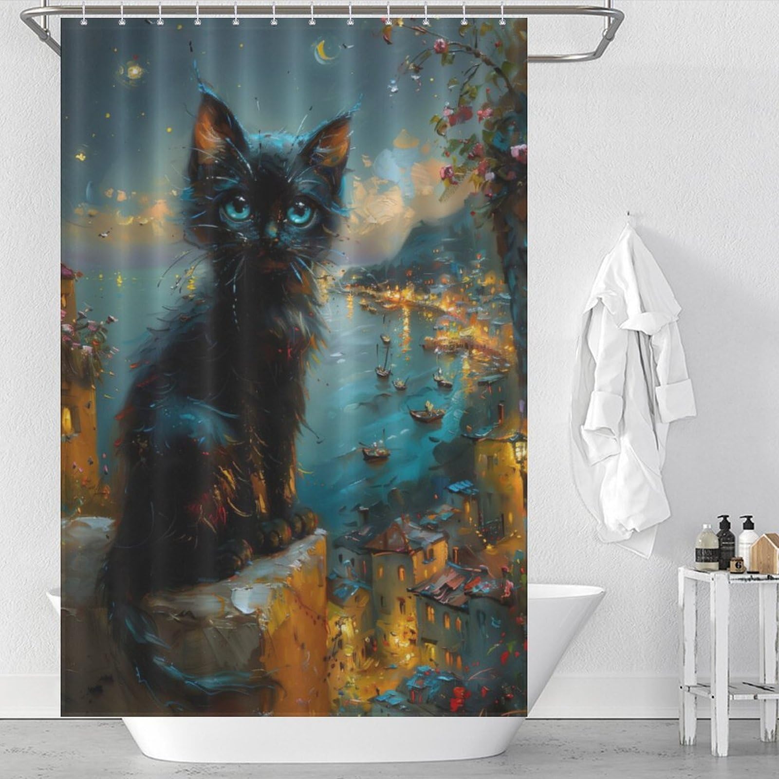 Rideau de douche anti-éclaboussures chat noir Toile de Jouy