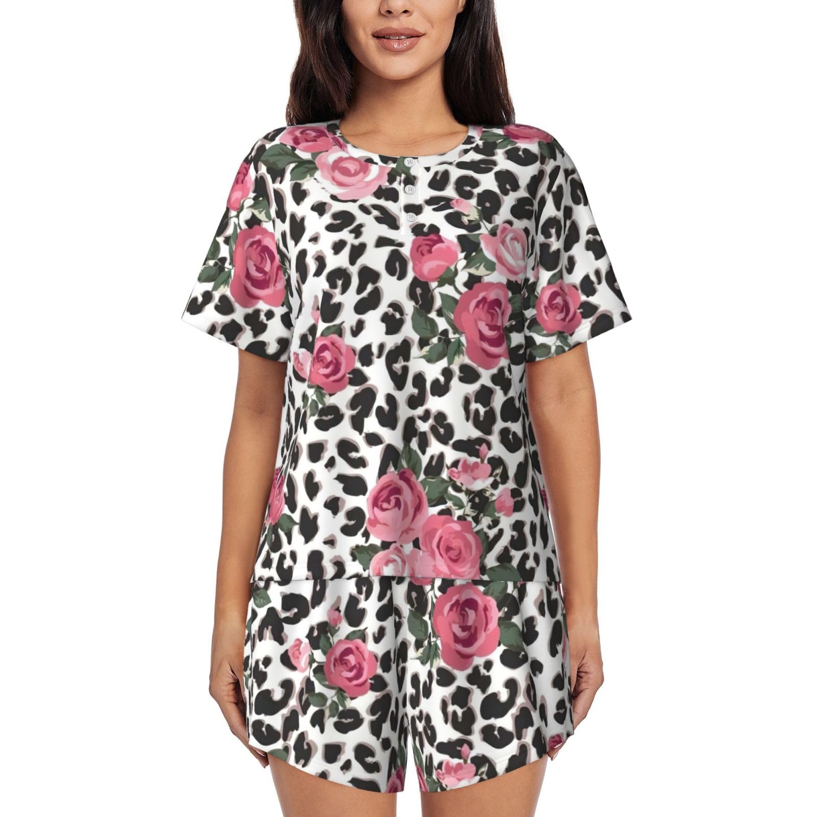 Jejea Women's Black Cute Pink Rose Mix Leopard Pattern Print Short Sleeve Tee Sleepwear Short Sets Short Pajamas Sets Soft Pj Lounge Sets