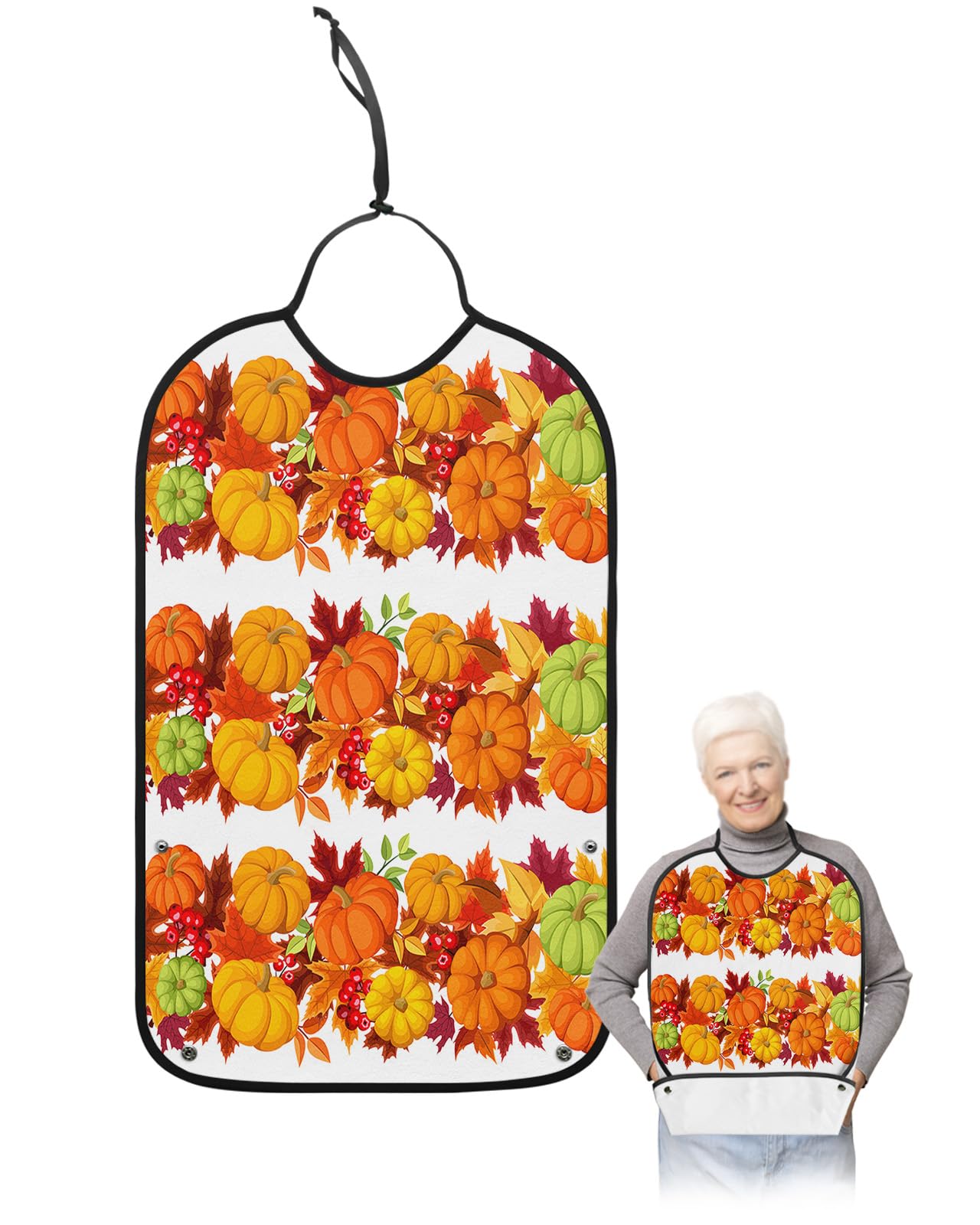 Thanksgiving Adult Bibs for Eating, Waterproof Bibs with Food Catcher & Adjustable Snap Closure, Rustic Autumn Pumpkin Fallen Leaves Washable Clothing Protectors Adult Bibs for Elderly Women/Men