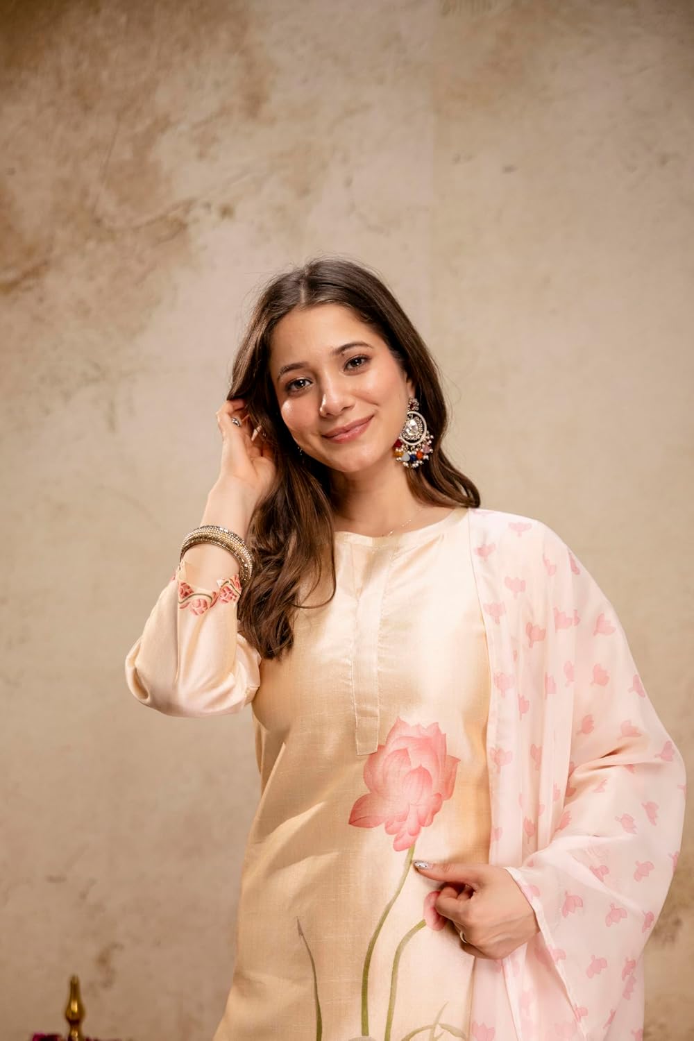 Women’s Cream Assam Silk Kurta Pant Set with Dupatta Digital Printed Straight Kurti Set