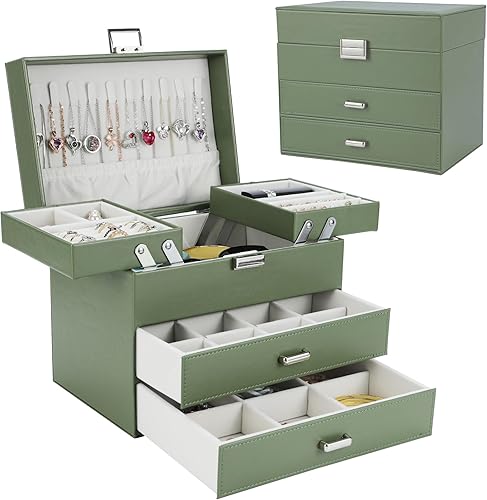 Dajasan Caja organizadora de joyas para mujeres y niñas, organizador de joyas, caja de joyería de cuero de 4 capas, idea de regalo para el día de