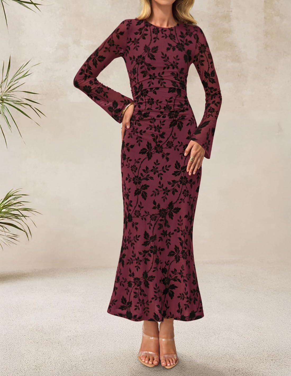 ZESICA Women's Long Sleeve Floral Bodycon Dress 2026 Spring Fall Ruched Mesh Wedding Guest Cocktail Party Maxi Dresses - Image 3