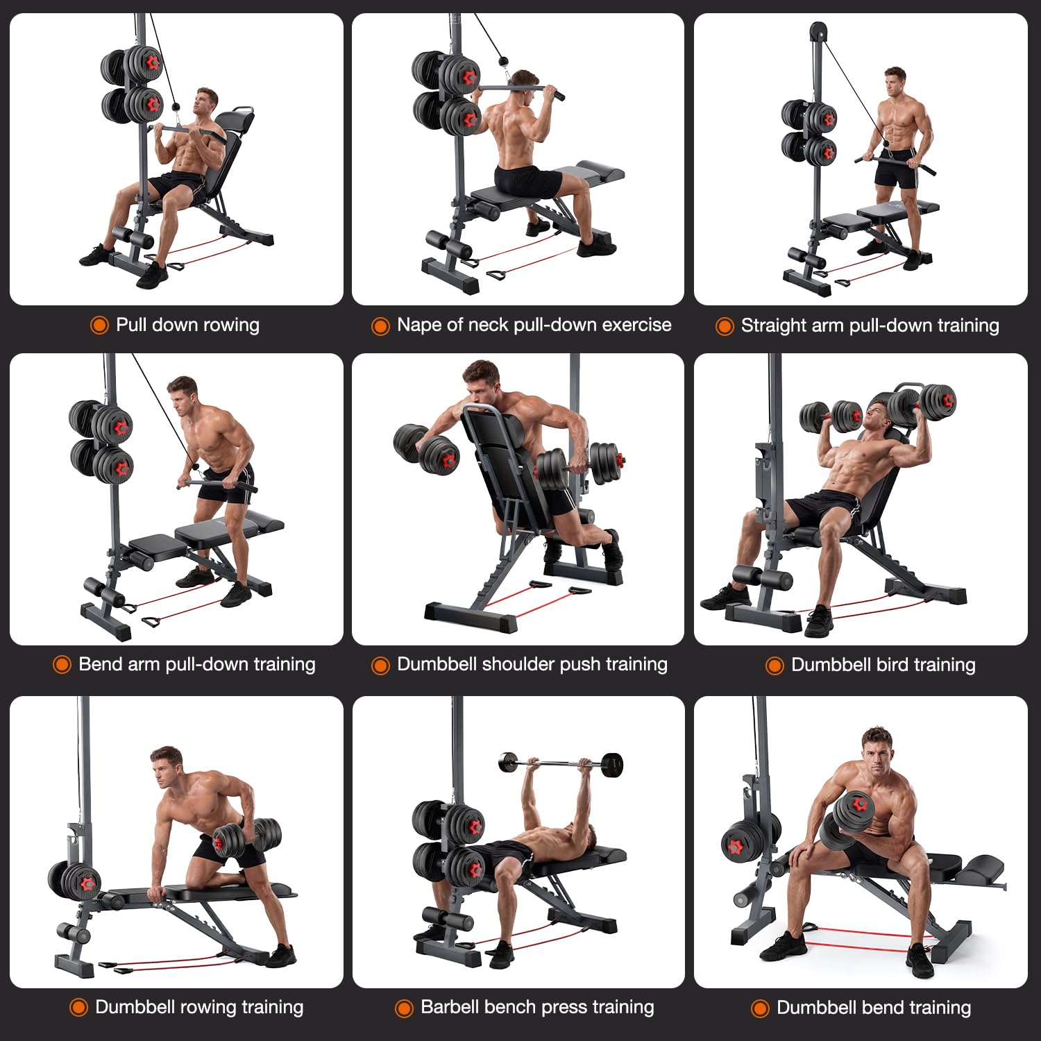 12-in-1-Multifunktions-Heim-Fitness-Bank – Hoch/Niedriges Seilzugsystem, Sit-Up-Bank, Lat-Pulldown-Bein, Beinentwickler, verstellbare Krafttrainingsgeräte für Ganzkörper-Fitness