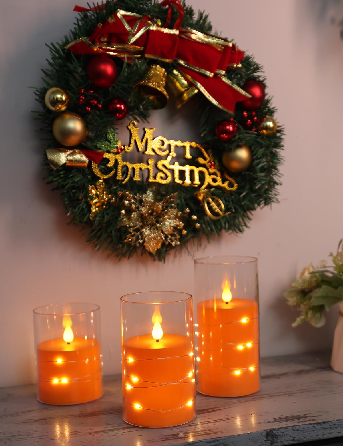 Da by Candele a LED, Candela da incasso arancione, candele a batteria, con luci a stringa incorporate 3 candele senza fiamma, funzione timer 24 ore, fiamma danzante, cera reale
