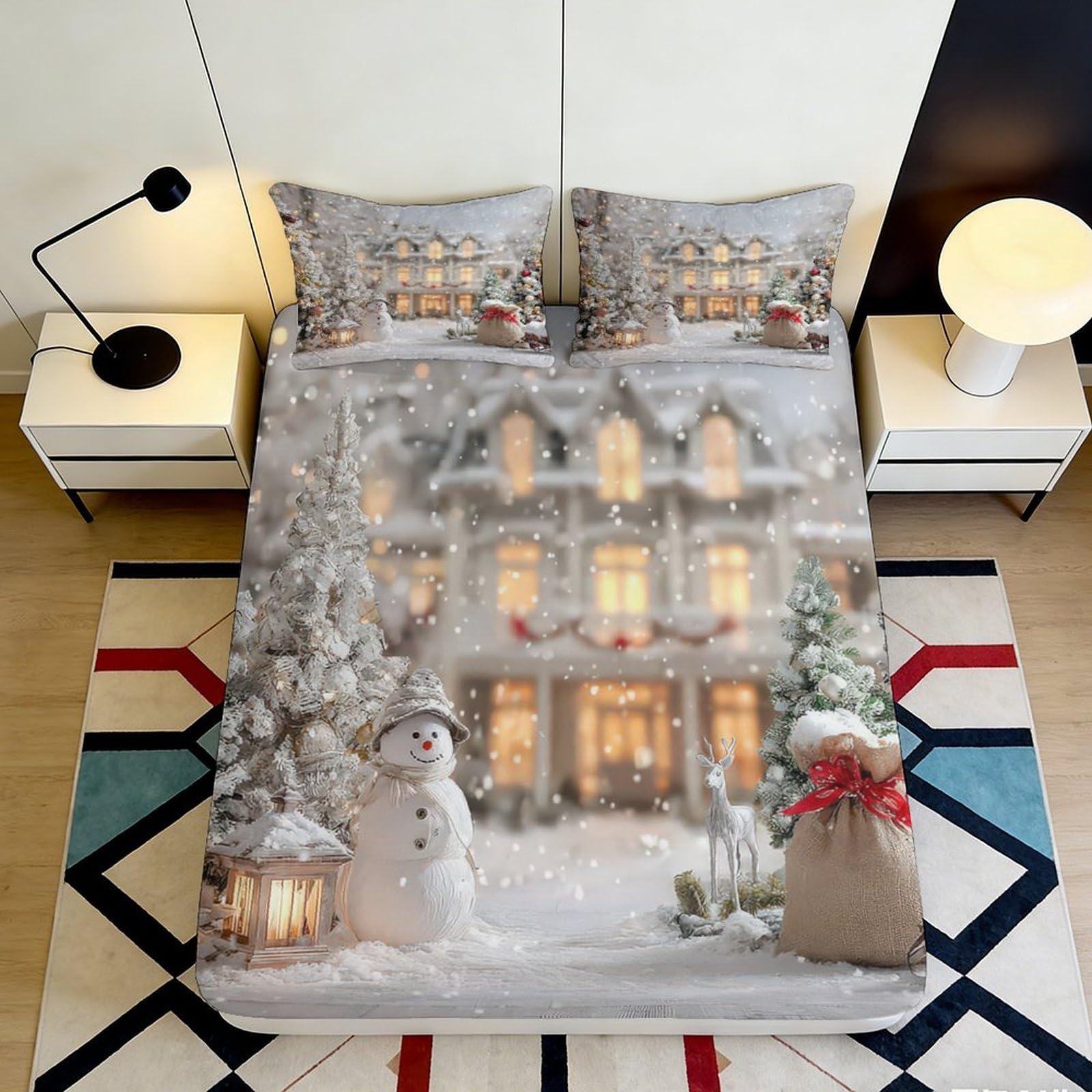 Pnayamiorkfel Style-4 3D Printed Winter Snowman Fitted Sheet Microfiber Soft Christmas House Bed Cover For Bedroom Guest Room Decor 90X200x25cm