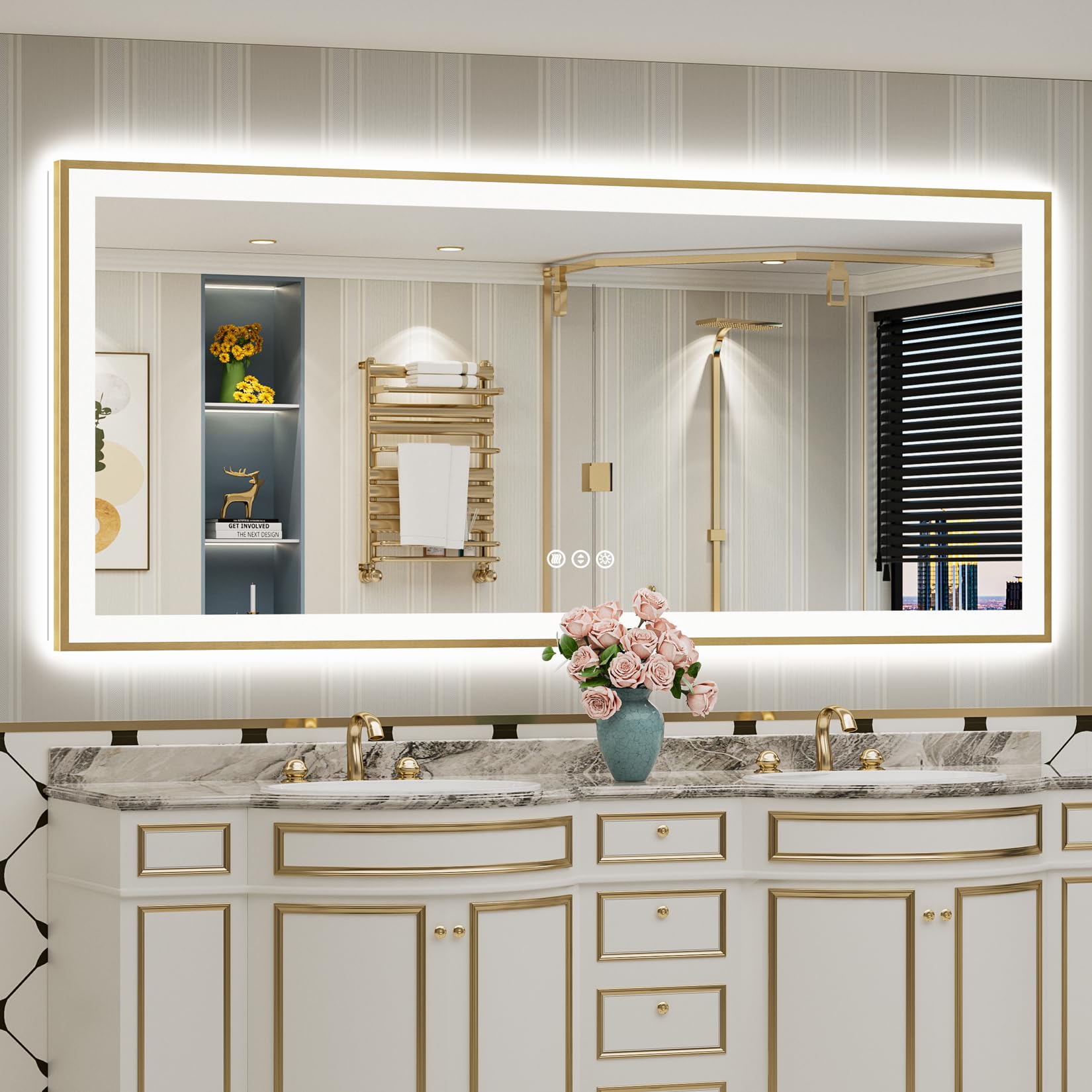77x36 Gold LED Bathroom Mirror with Lights, Lighted Vanity Mirror